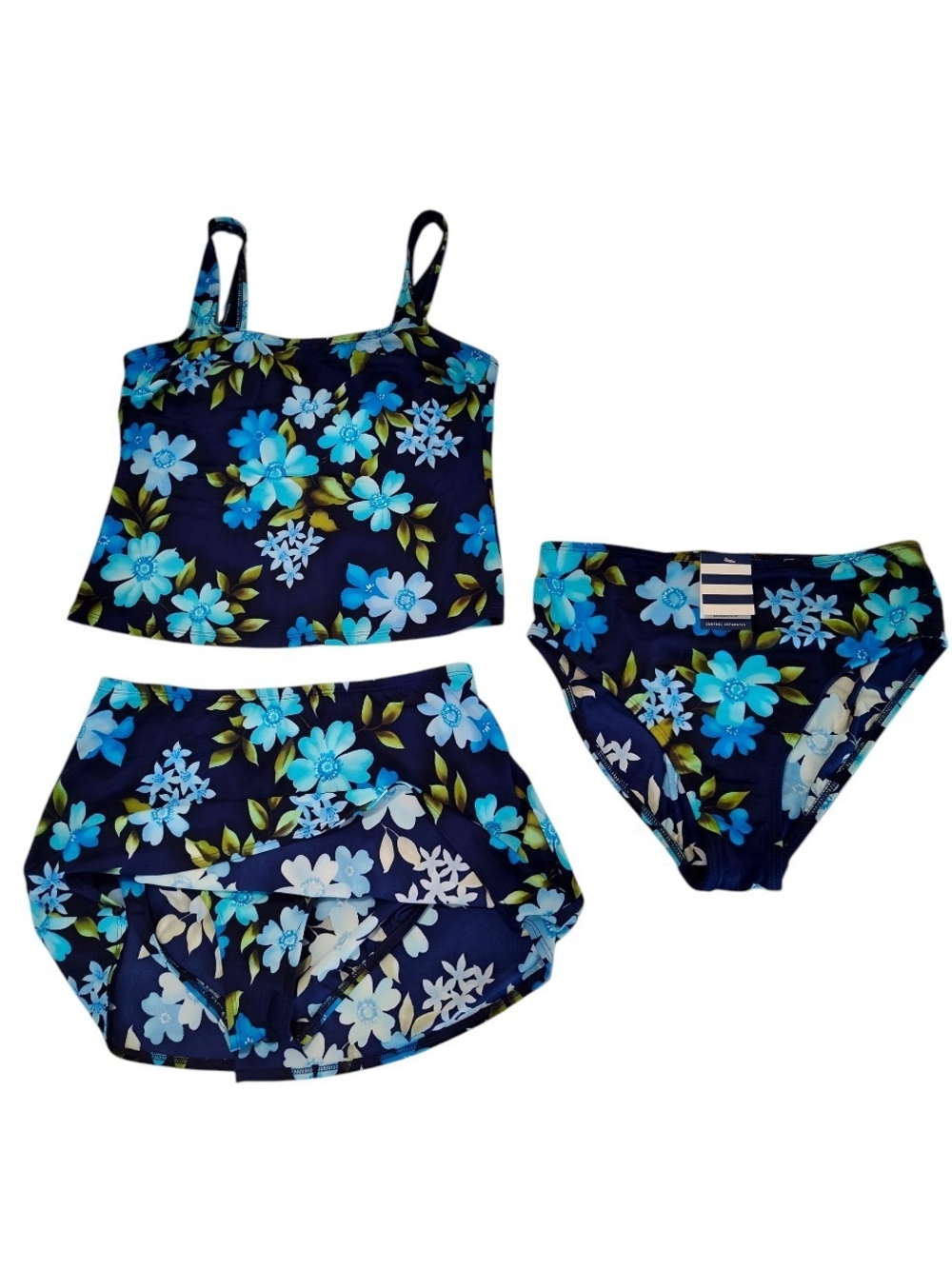Lands' End Navy Floral Swim Set with Aqua & White Accents Womens Size 12